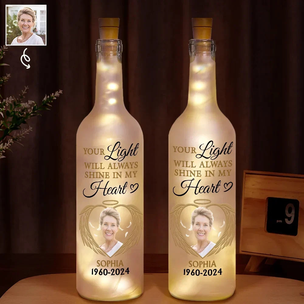 Personalized Memorial For Loved One Bottle Light: 'Your Light Always Shines in My Heart'