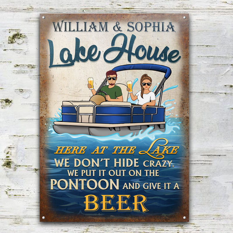 Personalized Lake House Metal Sign: 'Here at the Lake...Pontoon & Cocktails' Humor