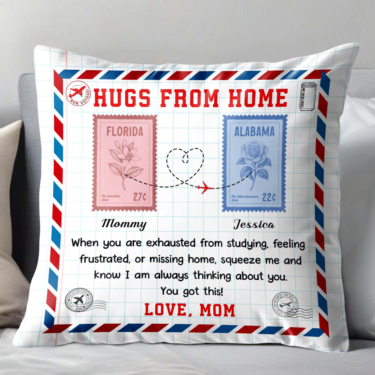 Hugs from Home - Personalized Custom Love Message with Postage Stamps Design Pillow