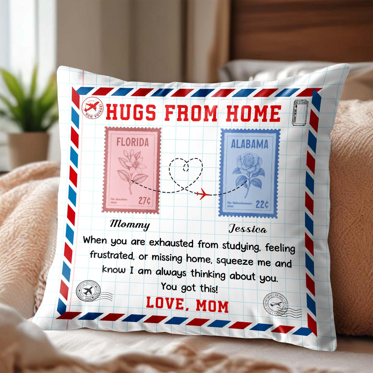 Hugs from Home - Personalized Custom Love Message with Postage Stamps Design Pillow