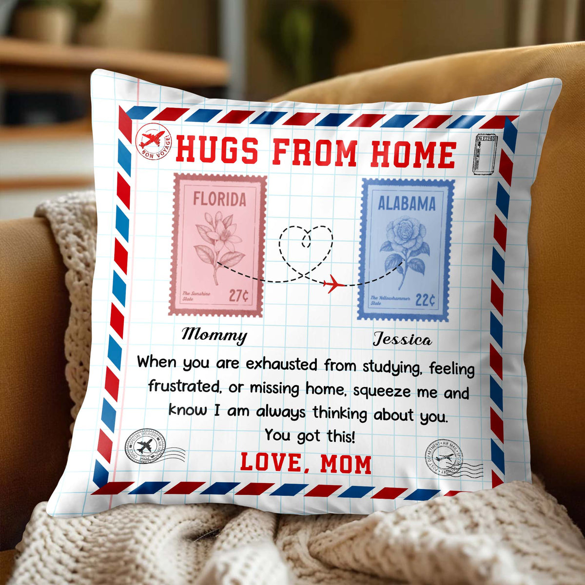 Hugs from Home - Personalized Custom Love Message with Postage Stamps Design Pillow