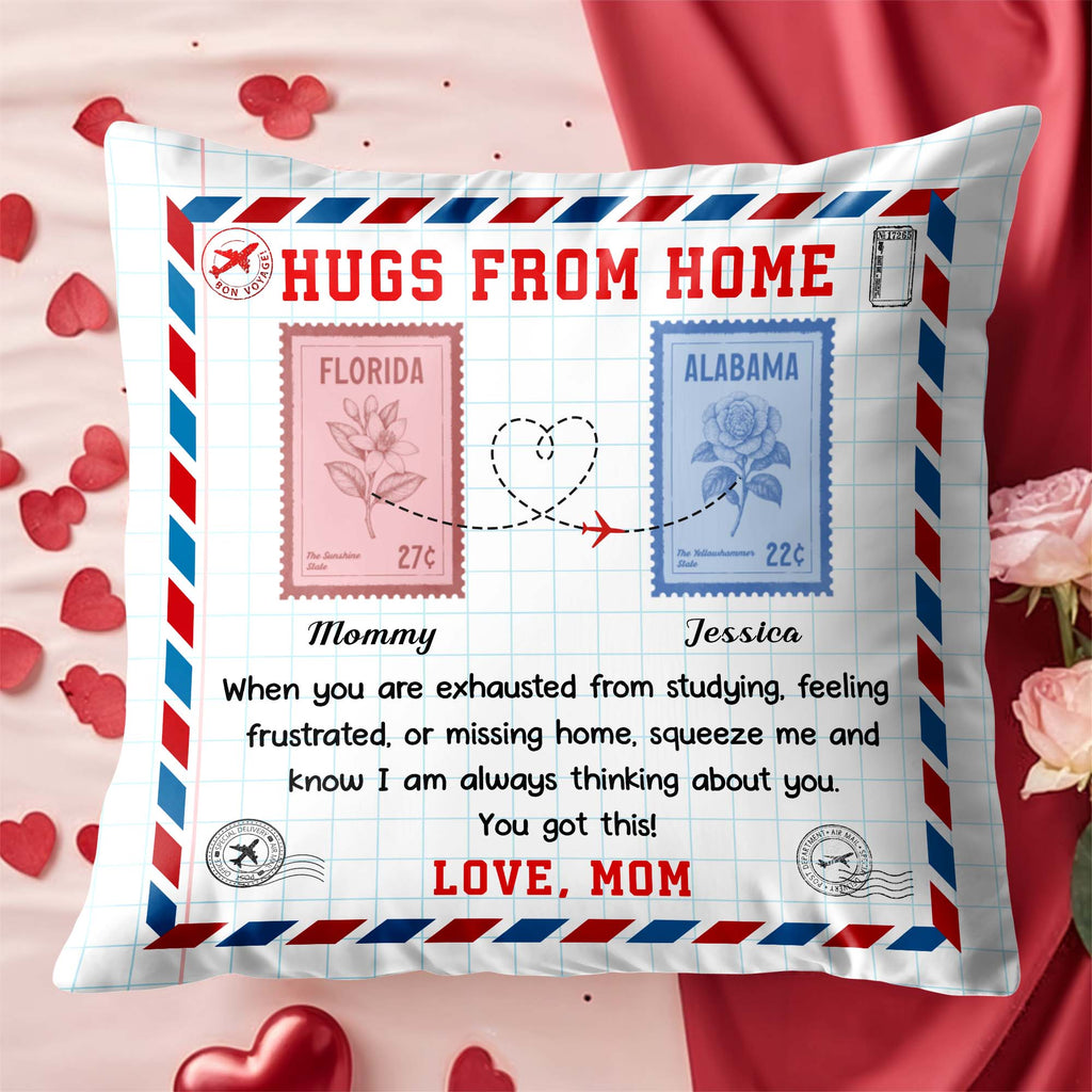 Hugs from Home - Personalized Custom Love Message with Postage Stamps Design Pillow