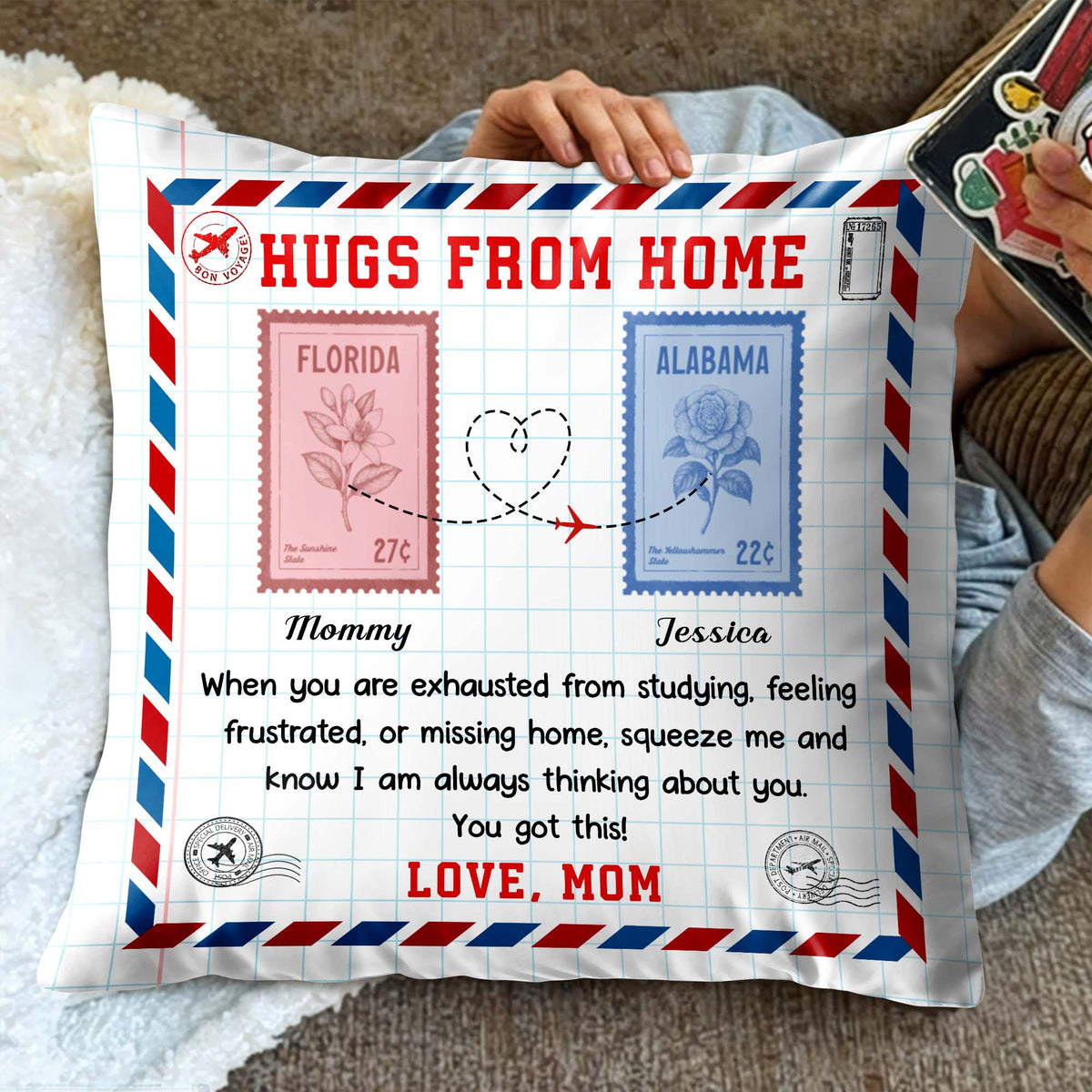 Hugs from Home - Personalized Custom Love Message with Postage Stamps Design Pillow