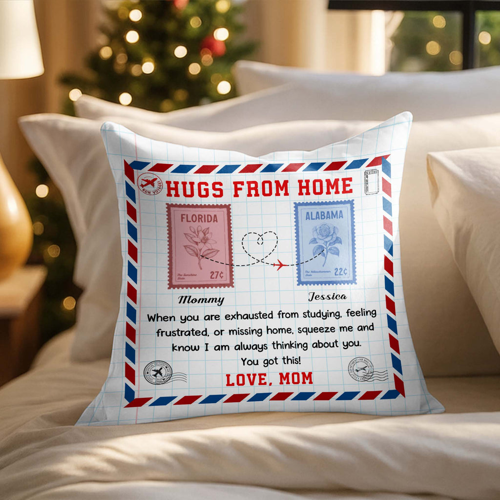Hugs from Home - Personalized Custom Love Message with Postage Stamps Design Pillow