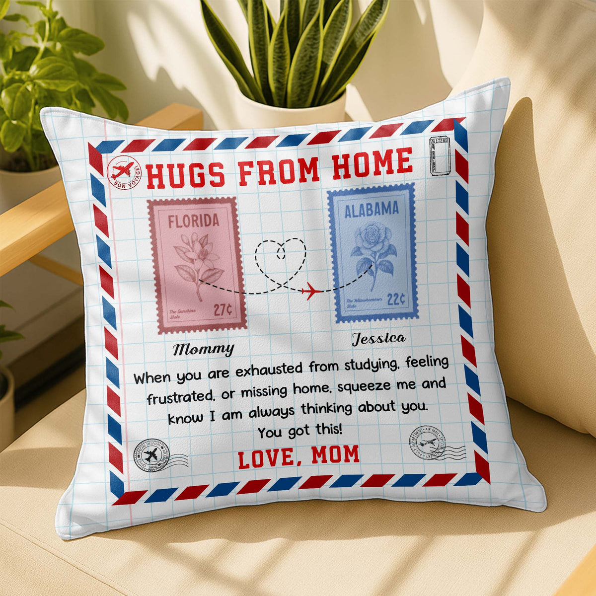 Hugs from Home - Personalized Custom Love Message with Postage Stamps Design Pillow