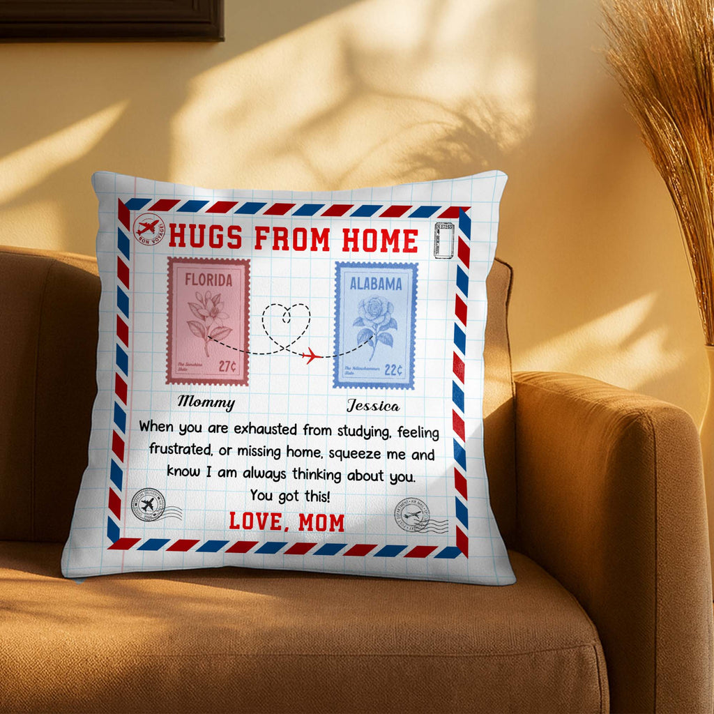 Hugs from Home - Personalized Custom Love Message with Postage Stamps Design Pillow