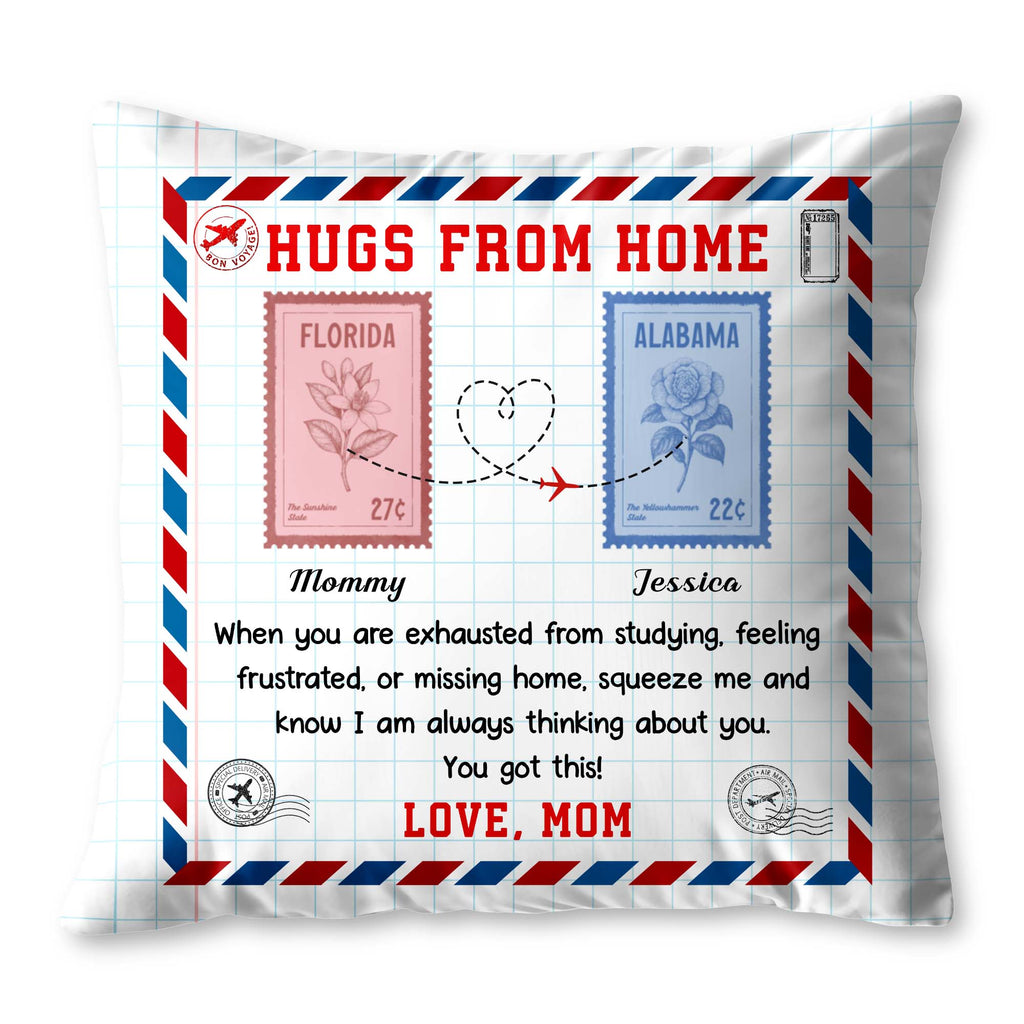 Hugs from Home - Personalized Custom Love Message with Postage Stamps Design Pillow
