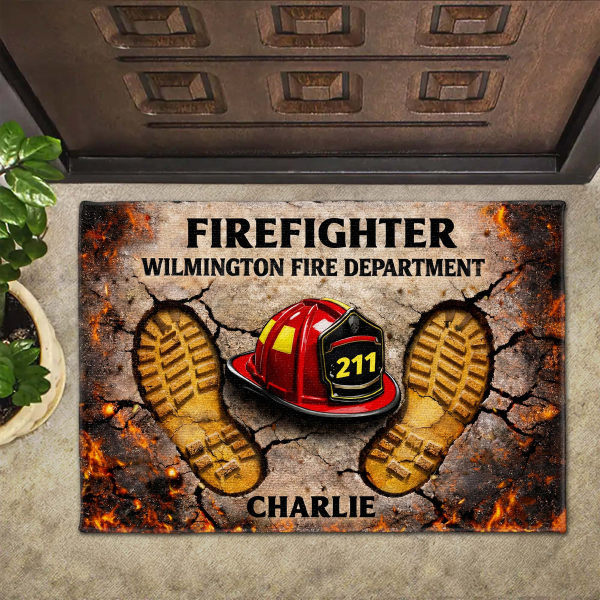 Firefighter Fire Department Helmet & Boot Prints Design - Personalized Custom Doormat