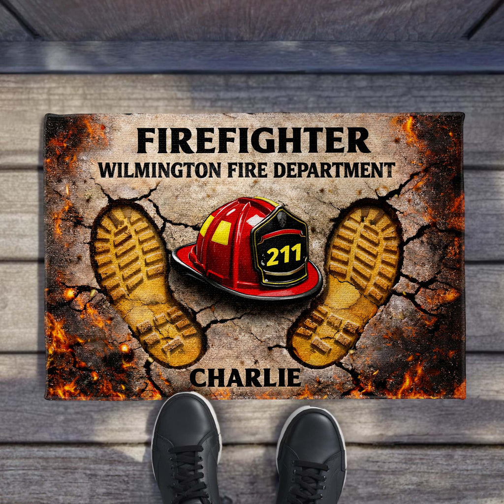 Firefighter Fire Department Helmet & Boot Prints Design - Personalized Custom Doormat