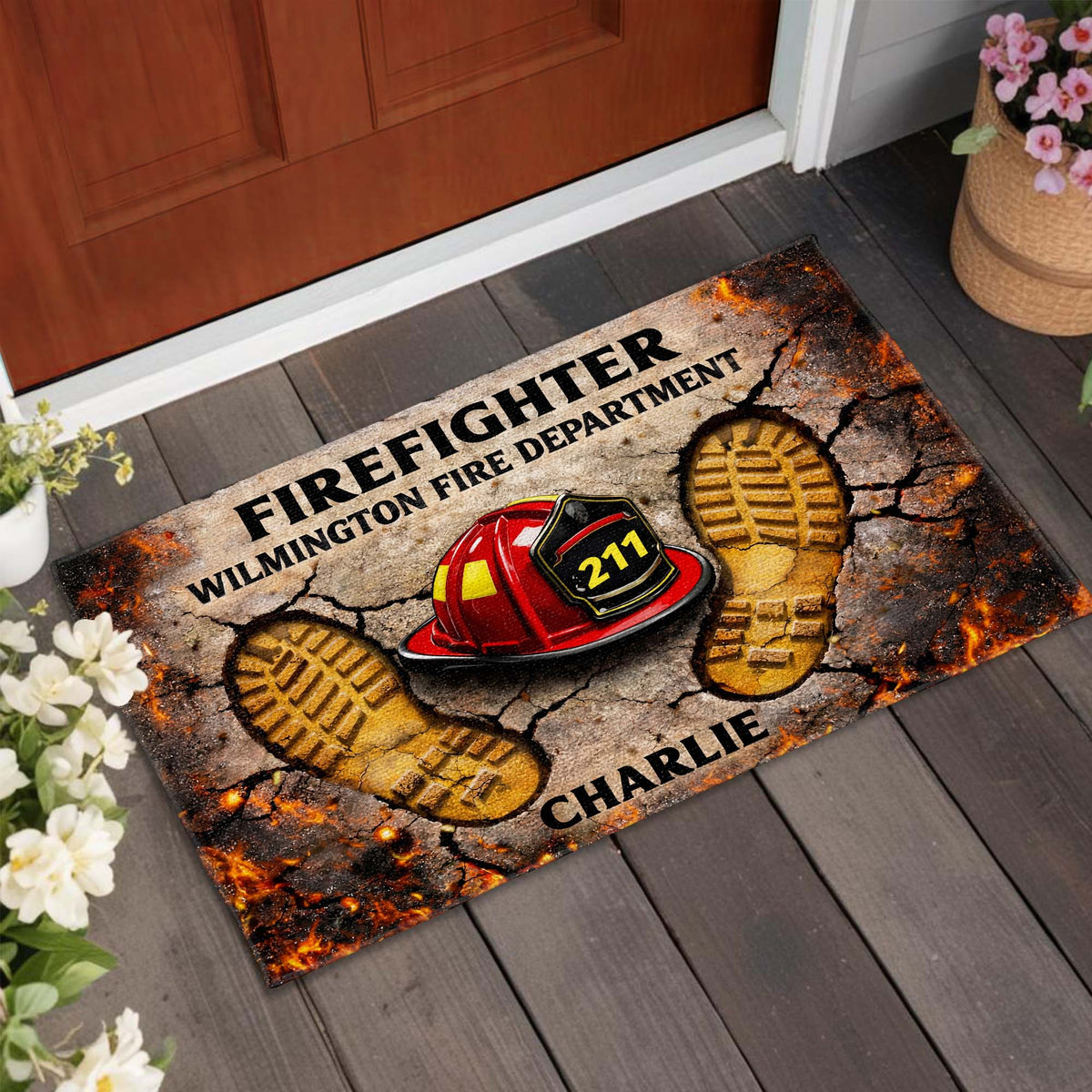 Firefighter Fire Department Helmet & Boot Prints Design - Personalized Custom Doormat