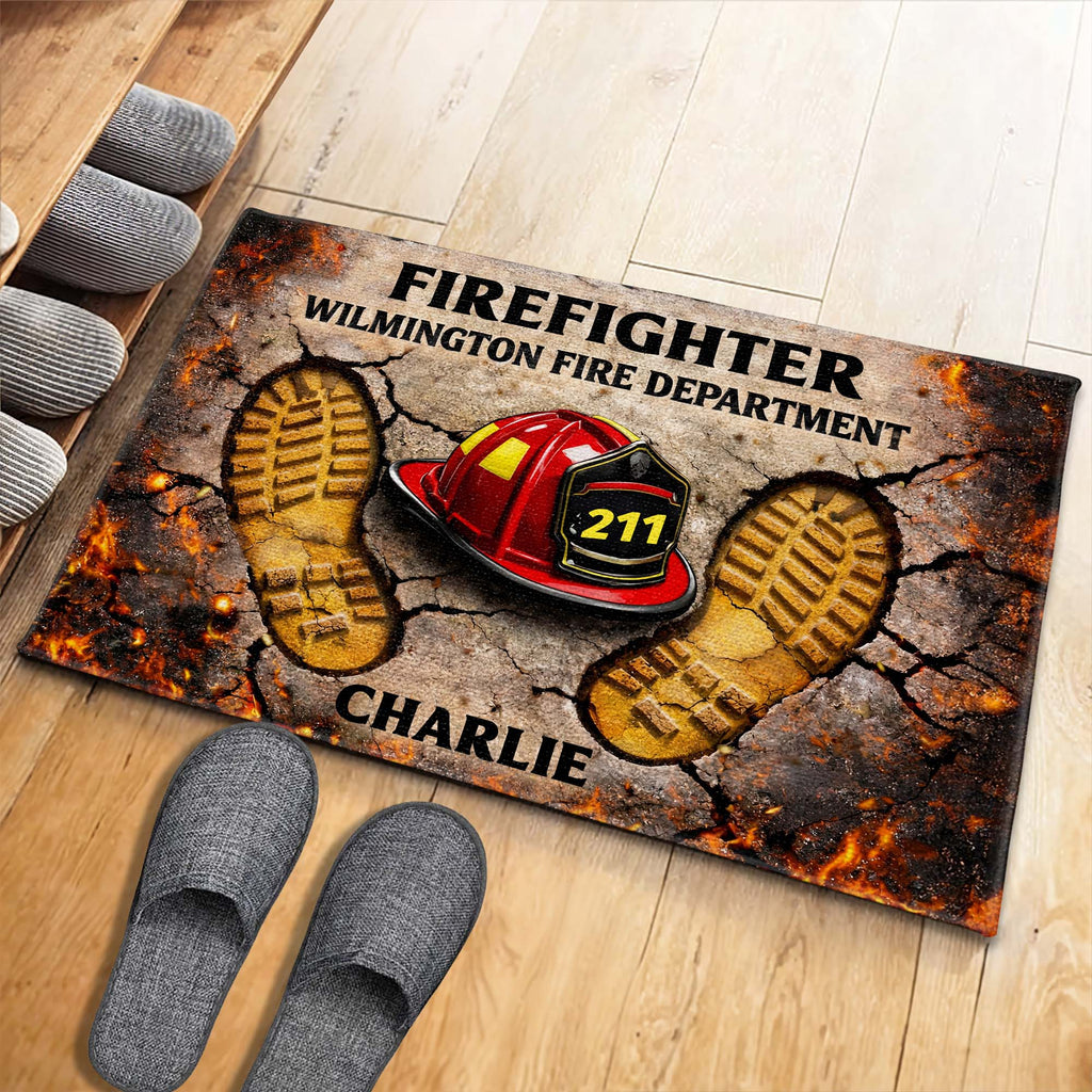 Firefighter Fire Department Helmet & Boot Prints Design - Personalized Custom Doormat