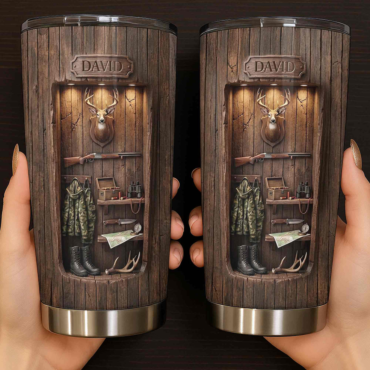 "The Spirit Of The Hunt" Personalized Hunting Tumbler - Custom Deer Wood Cabin Travel Mug