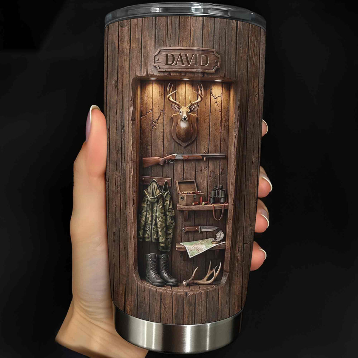 "The Spirit Of The Hunt" Personalized Hunting Tumbler - Custom Deer Wood Cabin Travel Mug