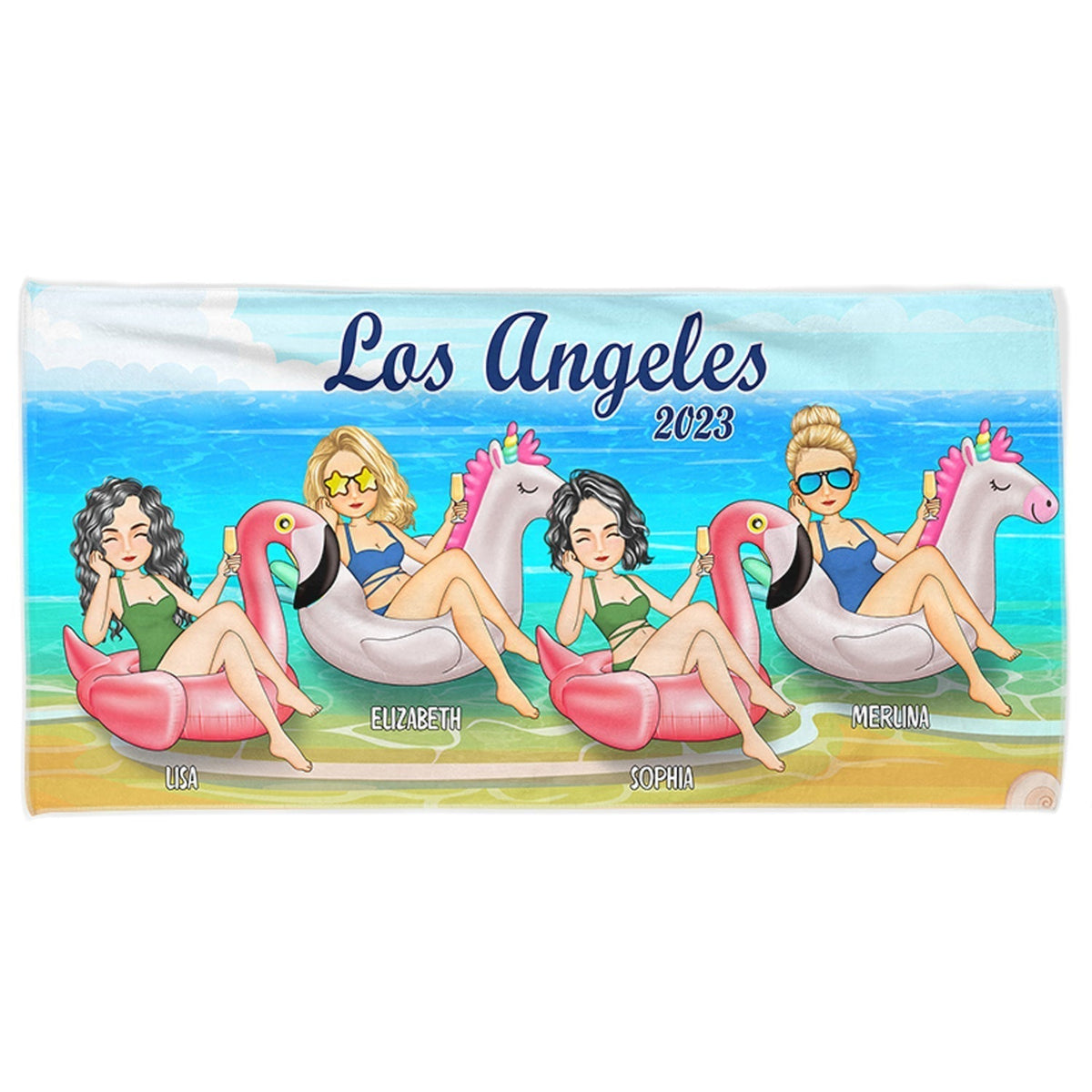 Personalized Beach Bestie Flamingo Girl Beach Towel - Gift For Bestie For Women