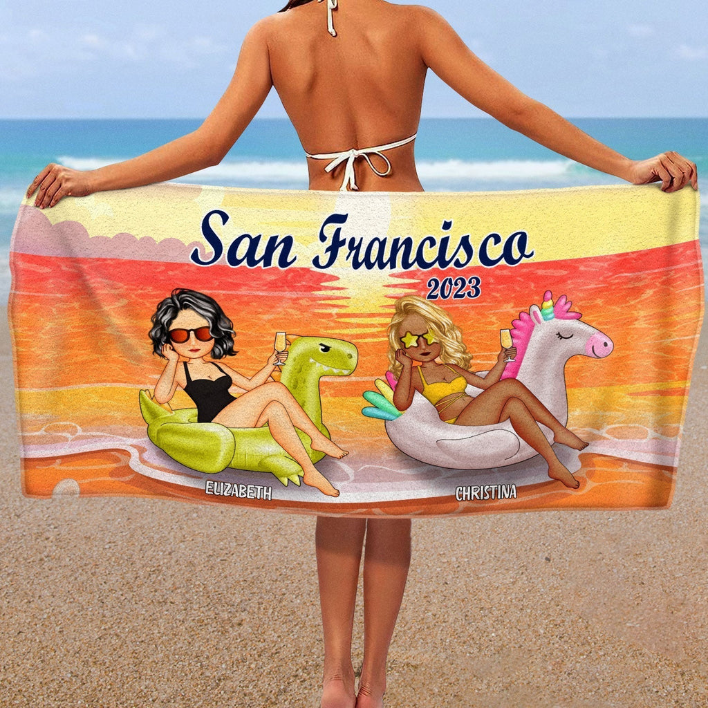 Personalized Beach Bestie Flamingo Girl Beach Towel - Gift For Bestie For Women