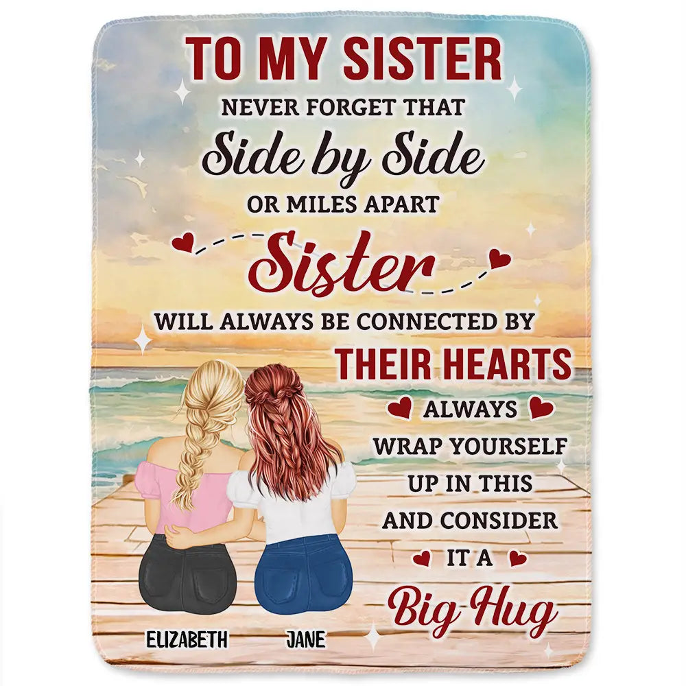 Personalized Sister Blanket: "Side by Side or Miles Apart" Hug Gift