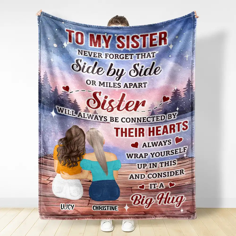 Personalized Sister Blanket: "Side by Side or Miles Apart" Hug Gift
