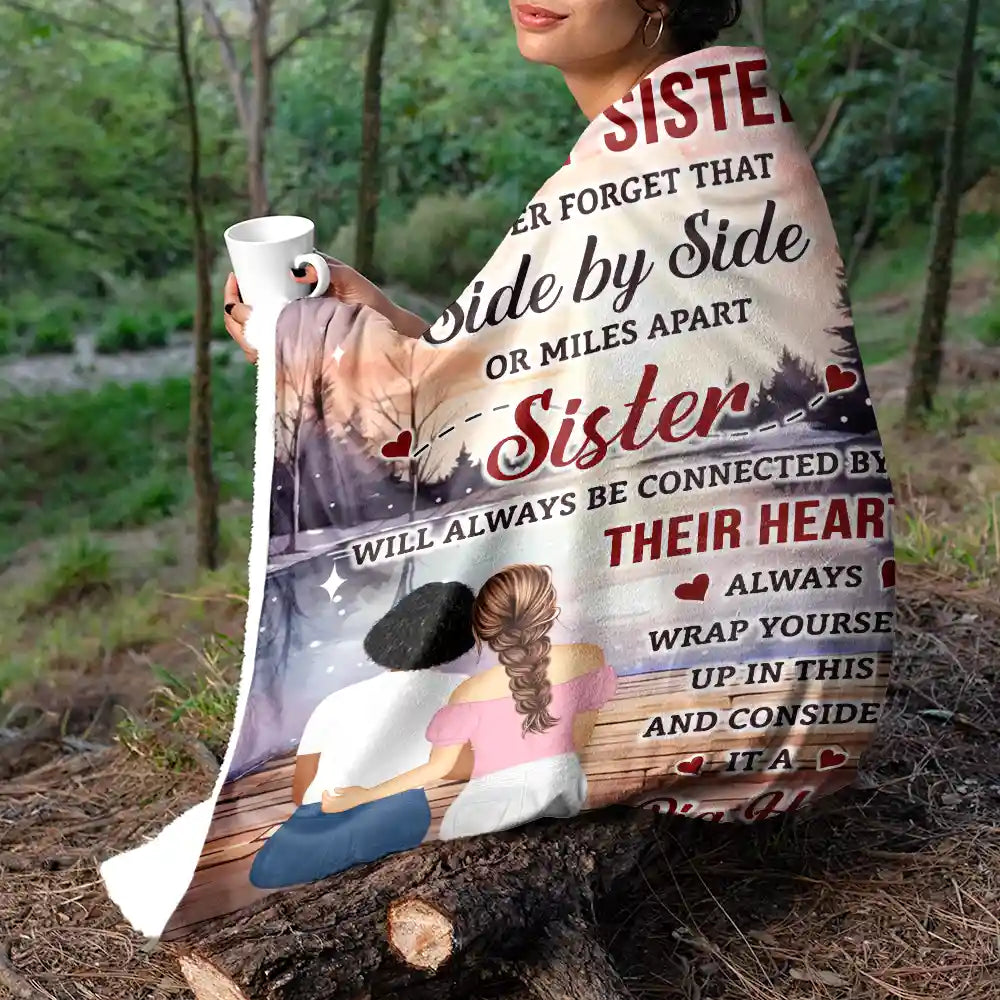 Personalized Sister Blanket: "Side by Side or Miles Apart" Hug Gift