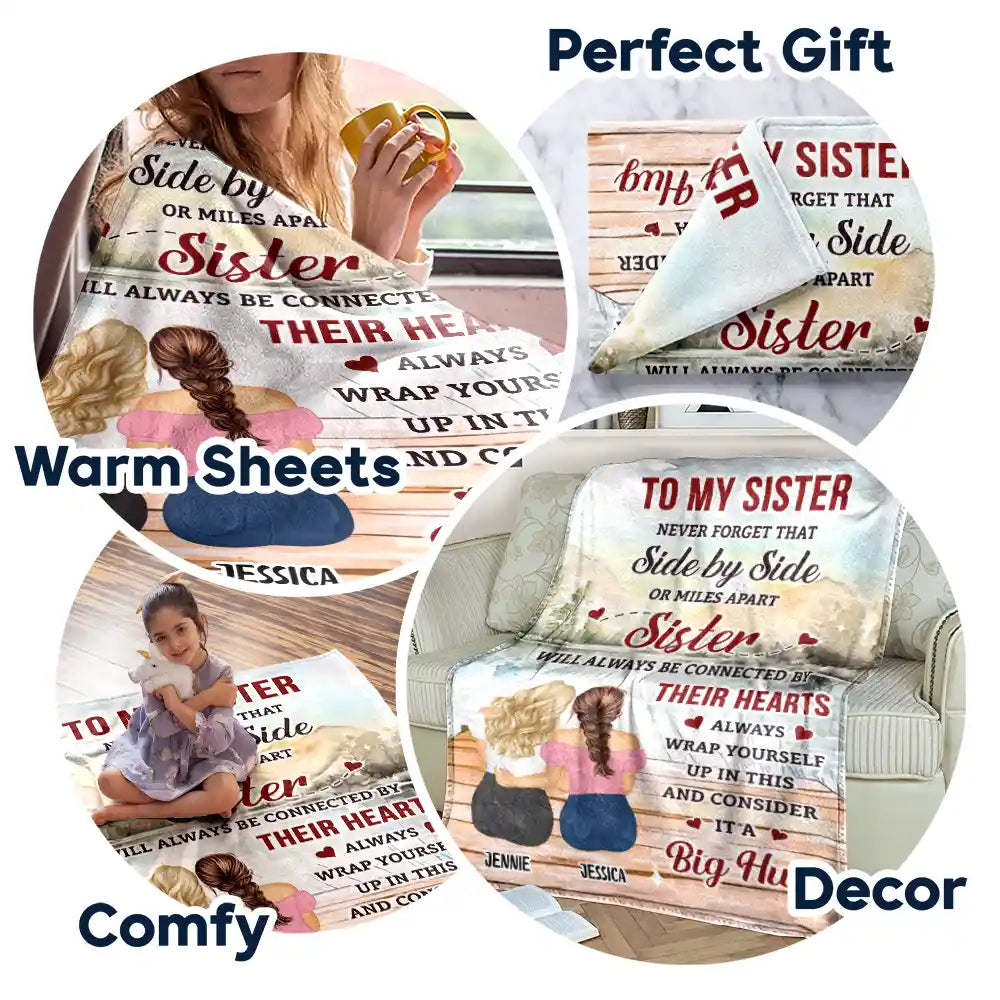 Personalized Sister Blanket: "Side by Side or Miles Apart" Hug Gift