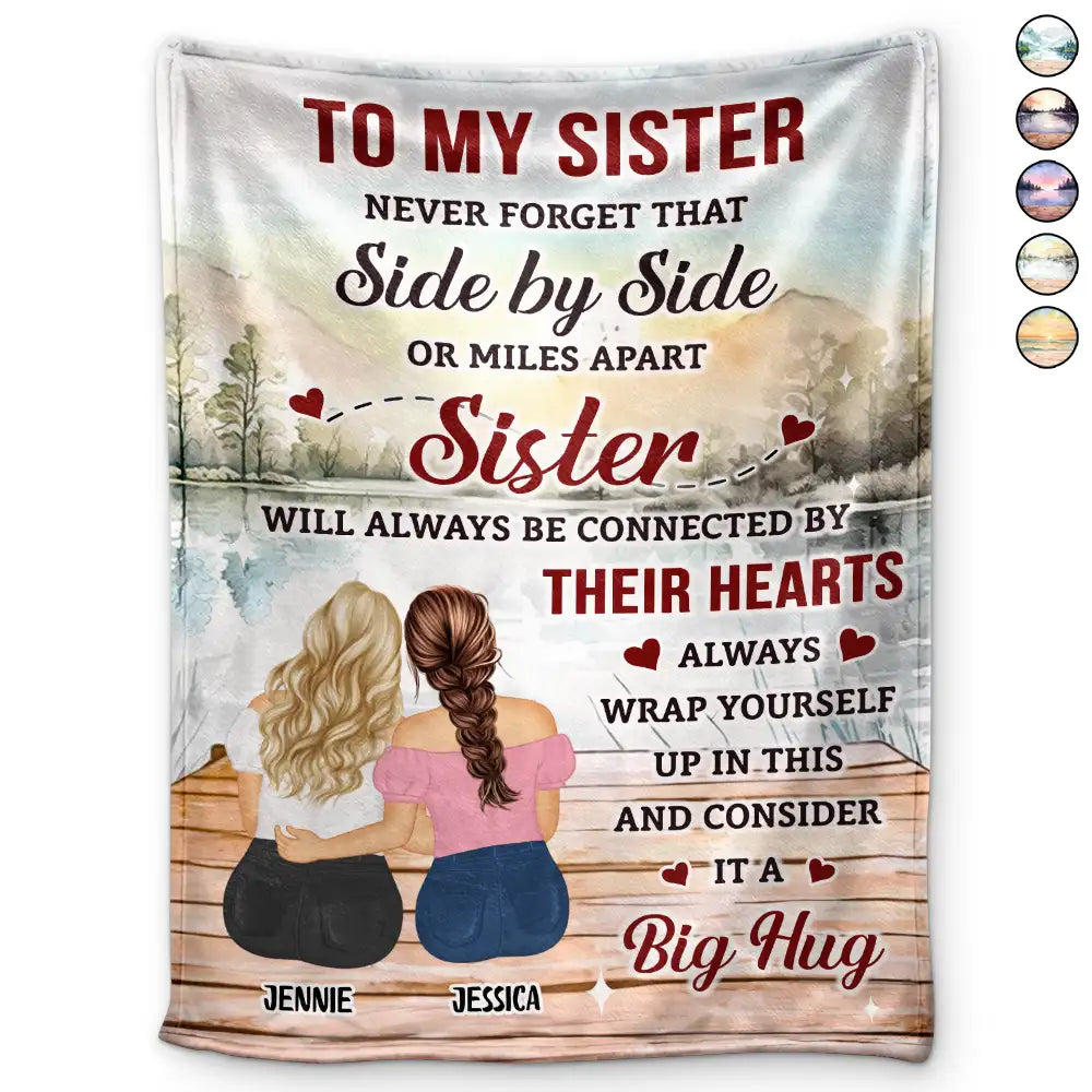 Personalized Sister Blanket: "Side by Side or Miles Apart" Hug Gift
