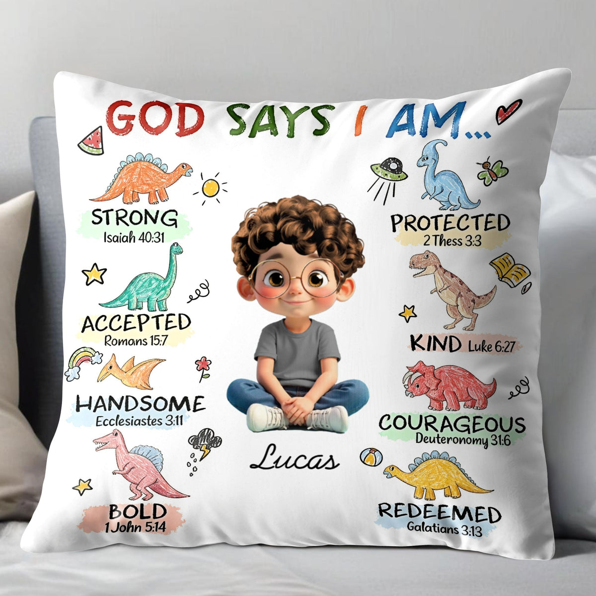God Says I Am Strong, Protected, Kind - Personalized Custom Cartoon Child Pillow