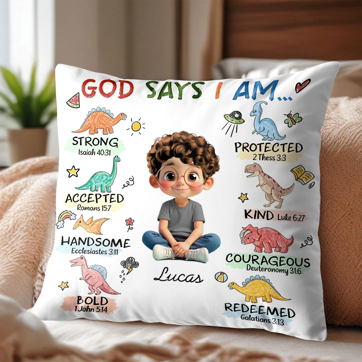 God Says I Am Strong, Protected, Kind - Personalized Custom Cartoon Child Pillow