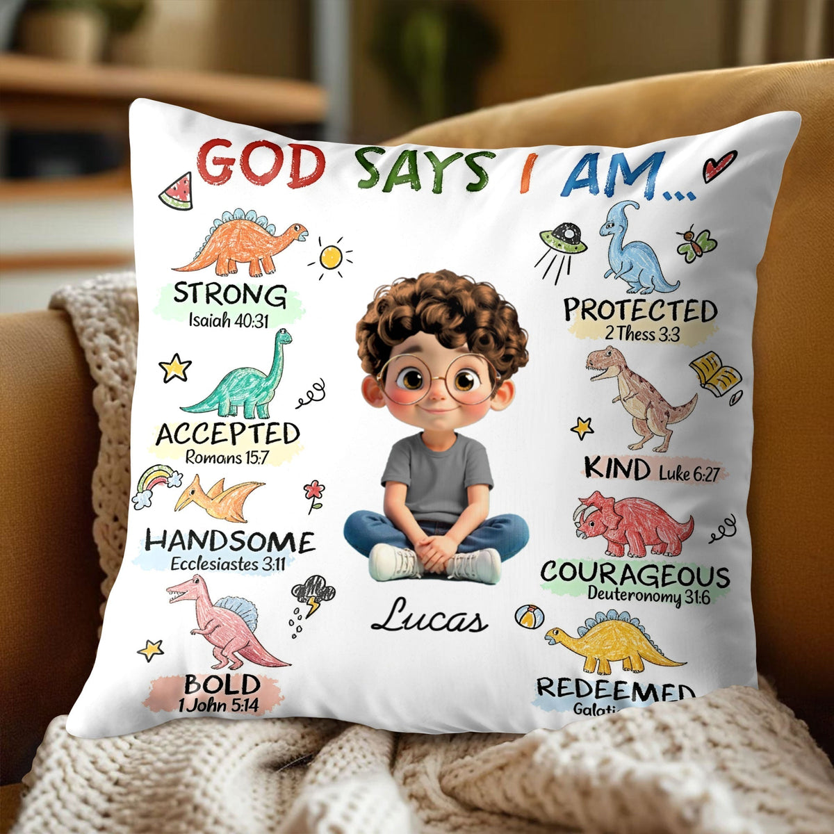 God Says I Am Strong, Protected, Kind - Personalized Custom Cartoon Child Pillow