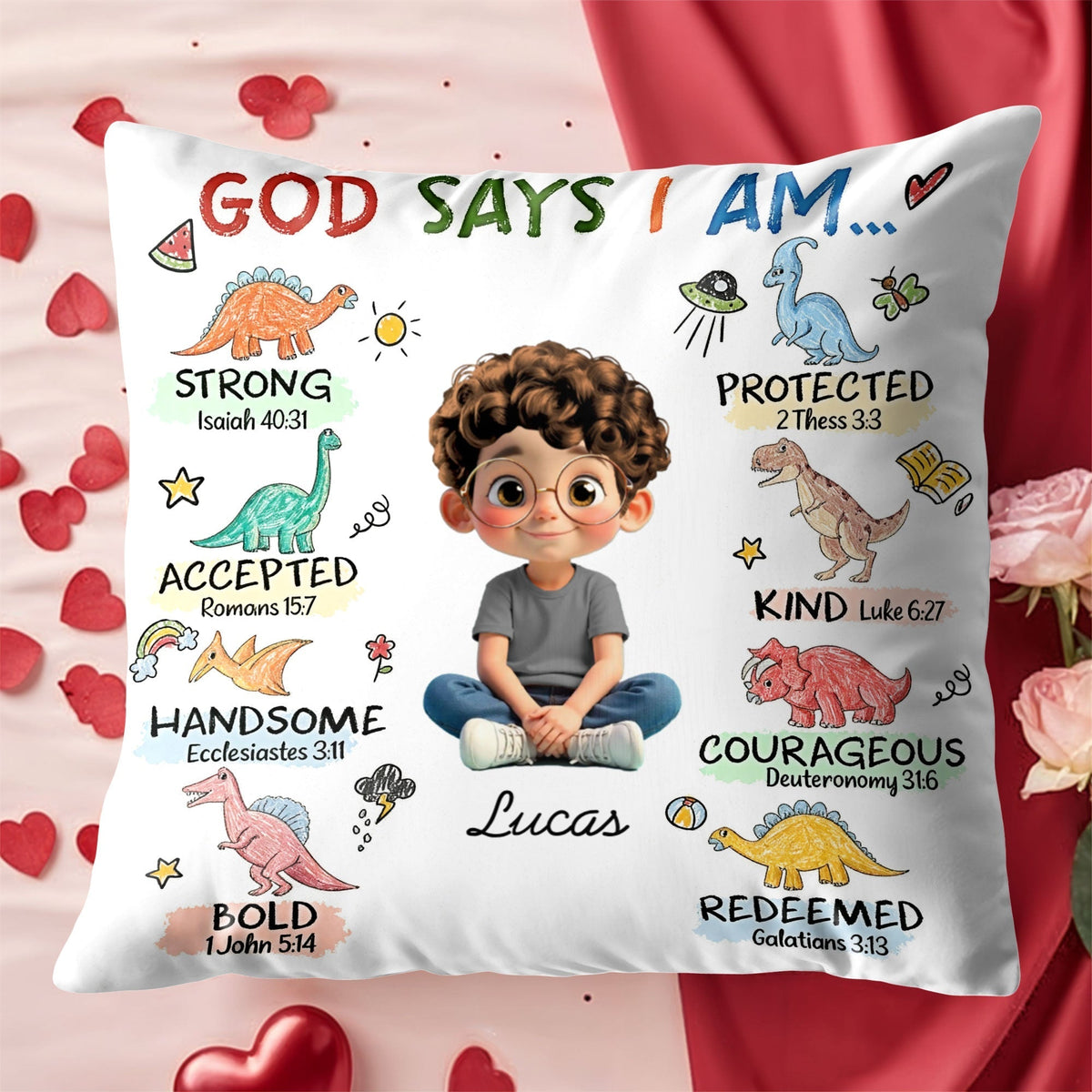 God Says I Am Strong, Protected, Kind - Personalized Custom Cartoon Child Pillow