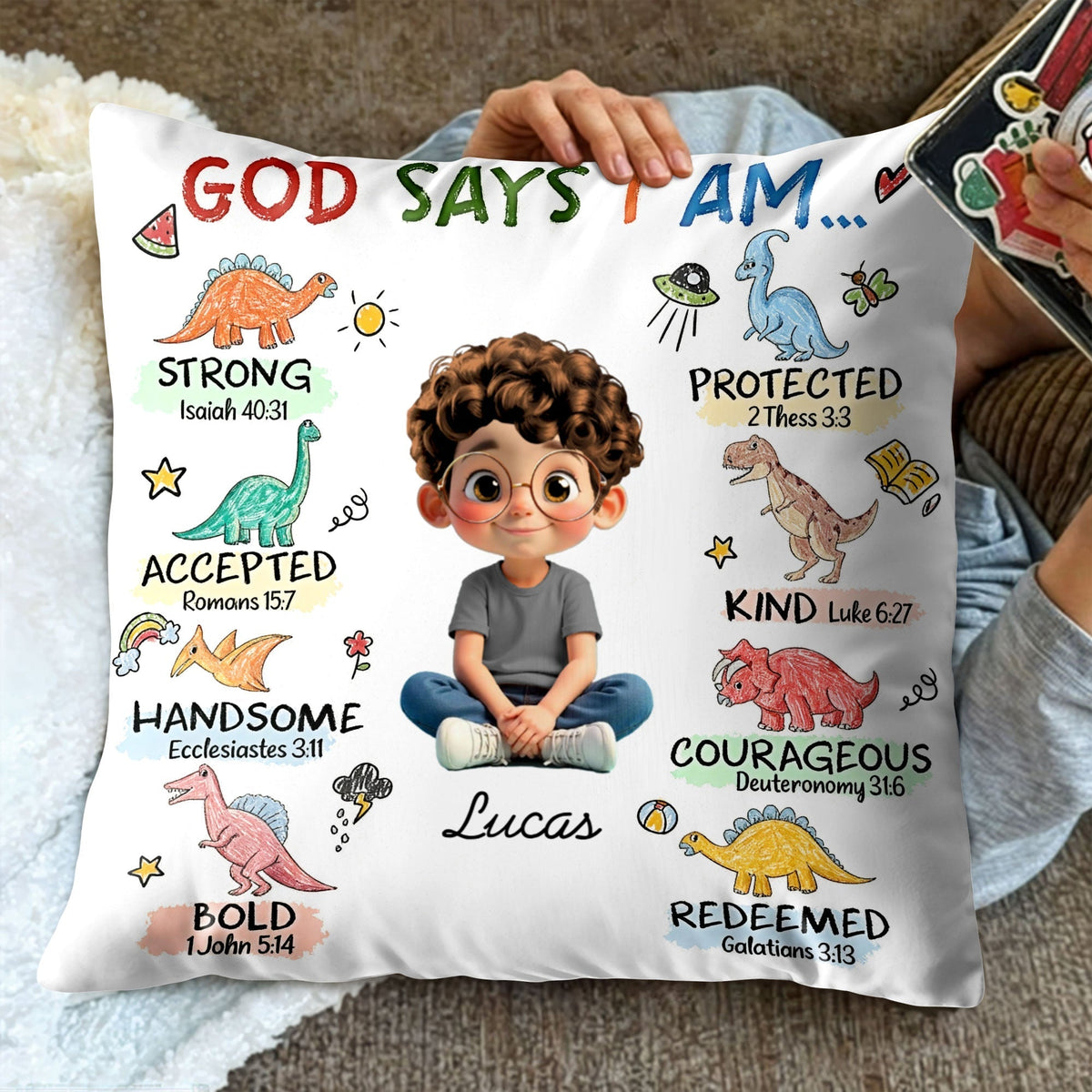 God Says I Am Strong, Protected, Kind - Personalized Custom Cartoon Child Pillow
