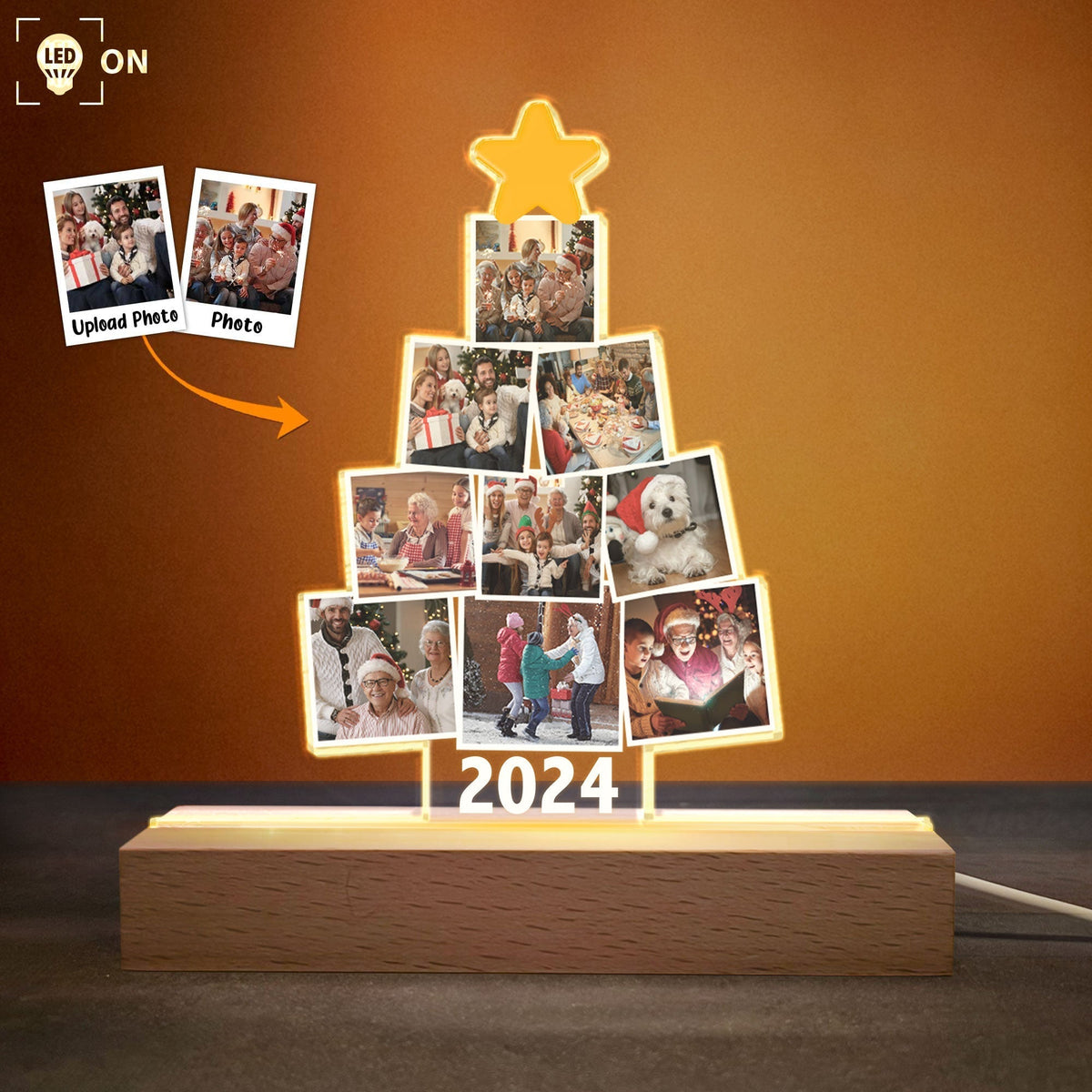 Personalized Family Photo Tree LED Light - Christmas 2024 Keepsake