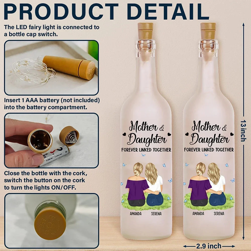Personalized Mother Daughter Bottle Light: 'Forever Linked Together' Keepsake Gift