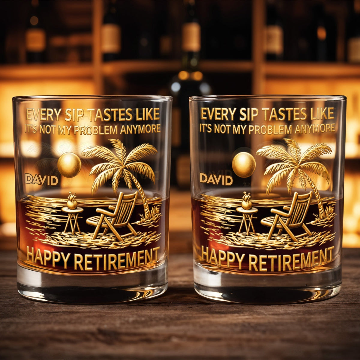 Every Sip Tastes Like Happy Retirement - Palm Trees, Beach Chair & Sun Design Scene - Personalized Custom Whiskey Glass