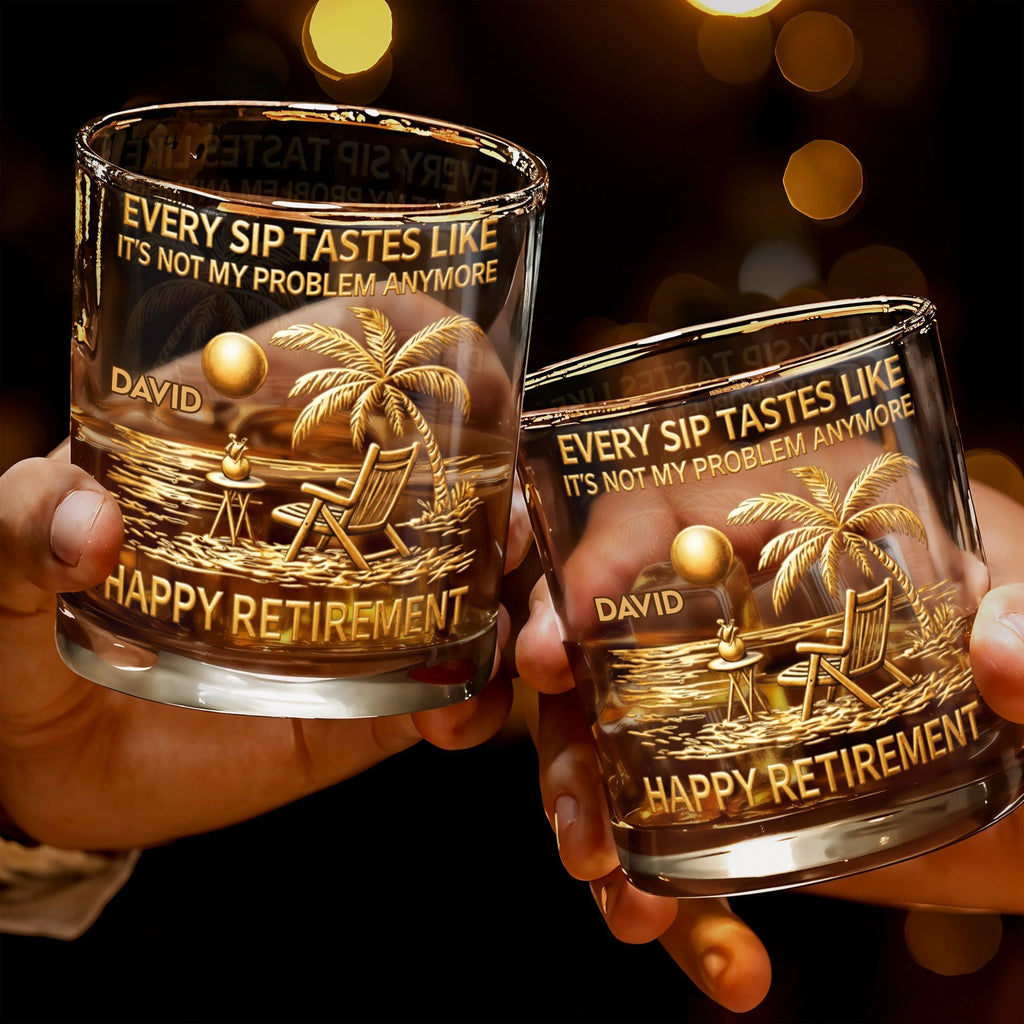 Every Sip Tastes Like Happy Retirement - Palm Trees, Beach Chair & Sun Design Scene - Personalized Custom Whiskey Glass