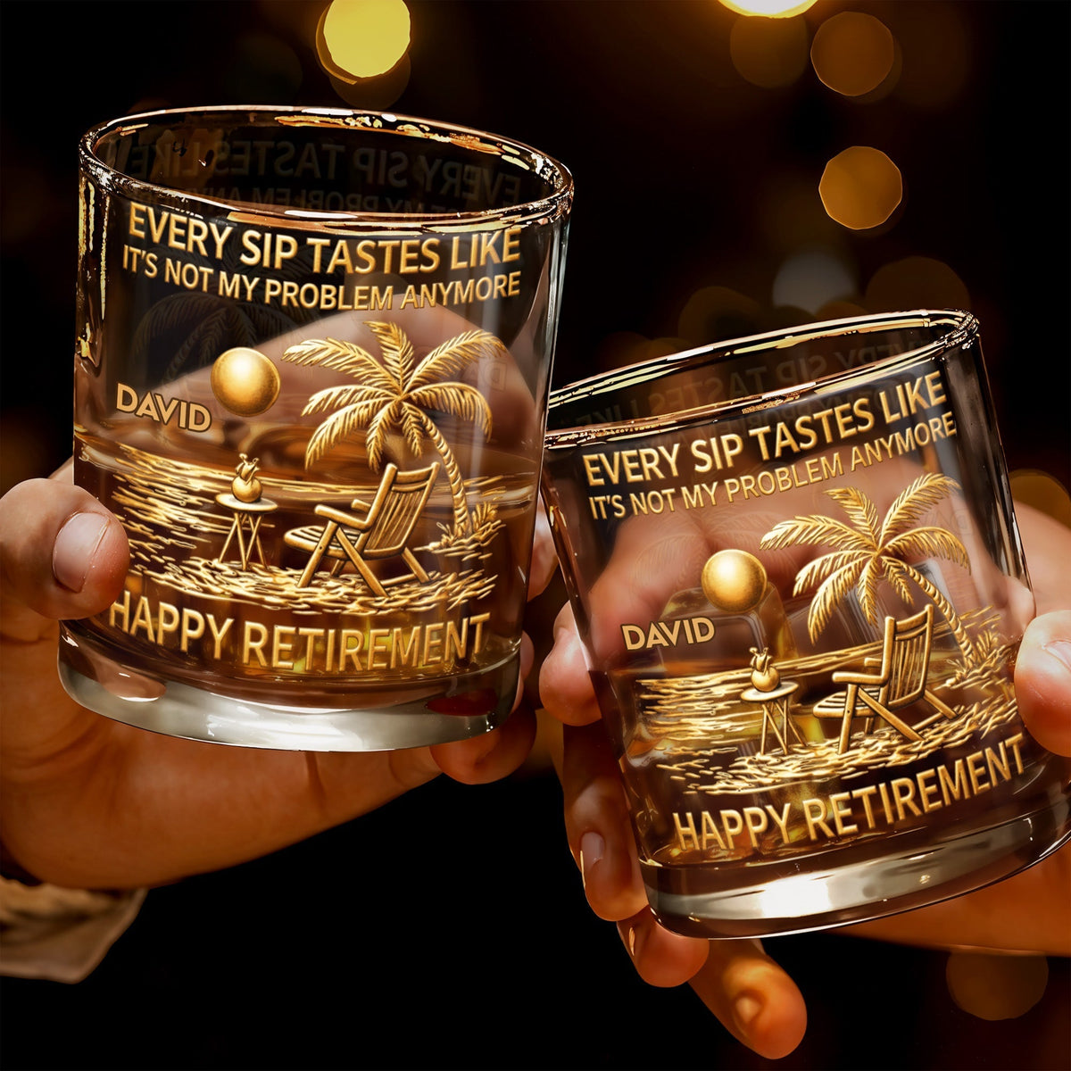 Every Sip Tastes Like Happy Retirement - Palm Trees, Beach Chair & Sun Design Scene - Personalized Custom Whiskey Glass