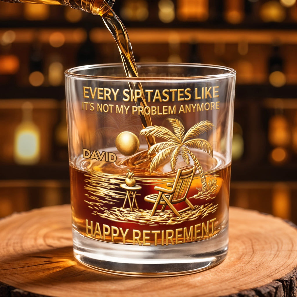 Every Sip Tastes Like Happy Retirement - Palm Trees, Beach Chair & Sun Design Scene - Personalized Custom Whiskey Glass