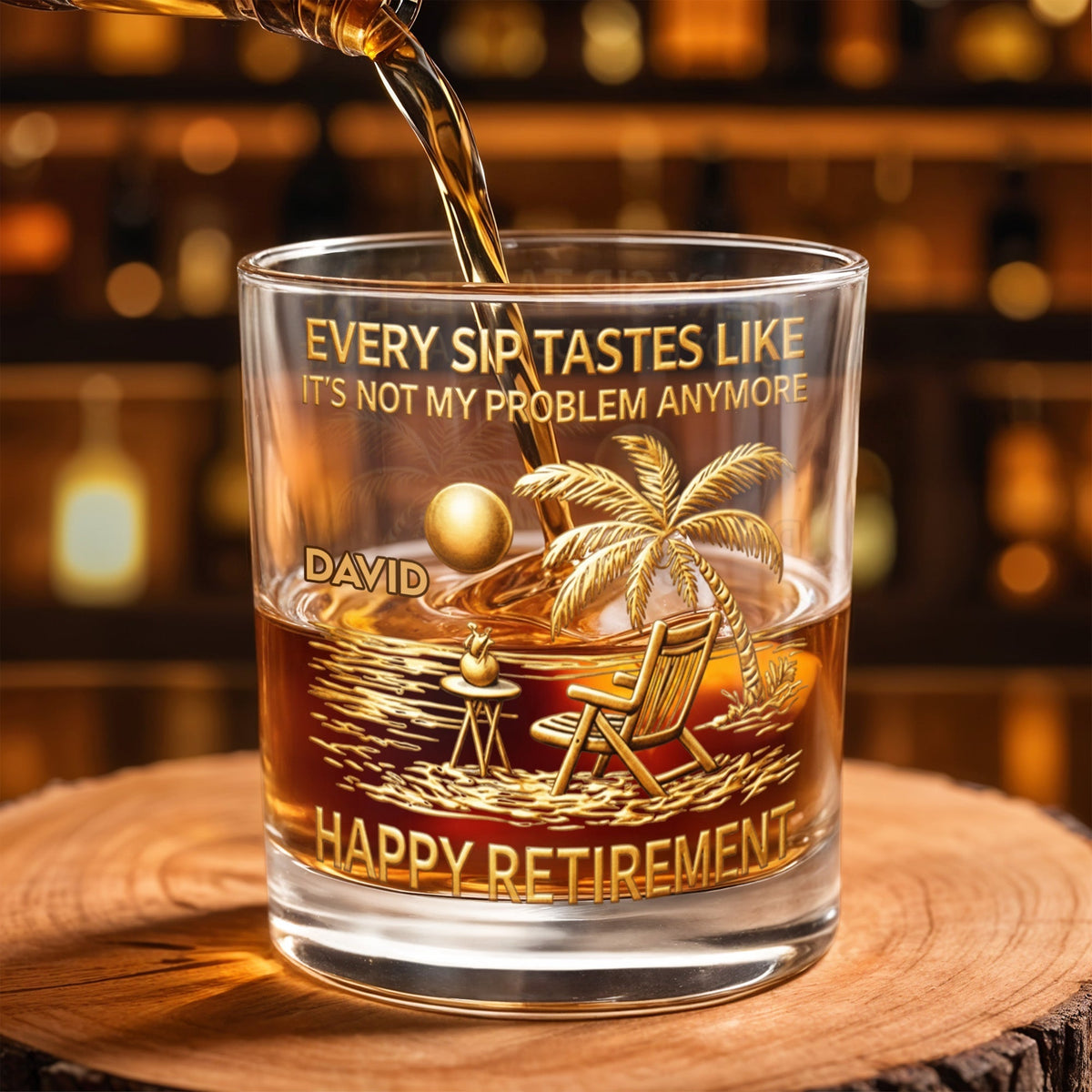 Every Sip Tastes Like Happy Retirement - Palm Trees, Beach Chair & Sun Design Scene - Personalized Custom Whiskey Glass