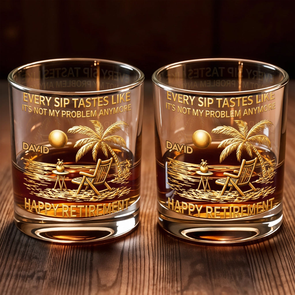 Every Sip Tastes Like Happy Retirement - Palm Trees, Beach Chair & Sun Design Scene - Personalized Custom Whiskey Glass