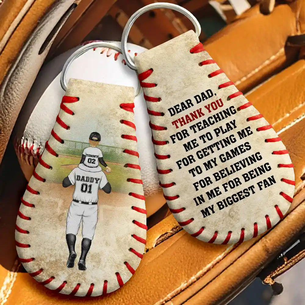 “Thank You For Teaching Me To Play” Personalized Leather Baseball Keychain - Father's Day Gift for Dad Grandpa
