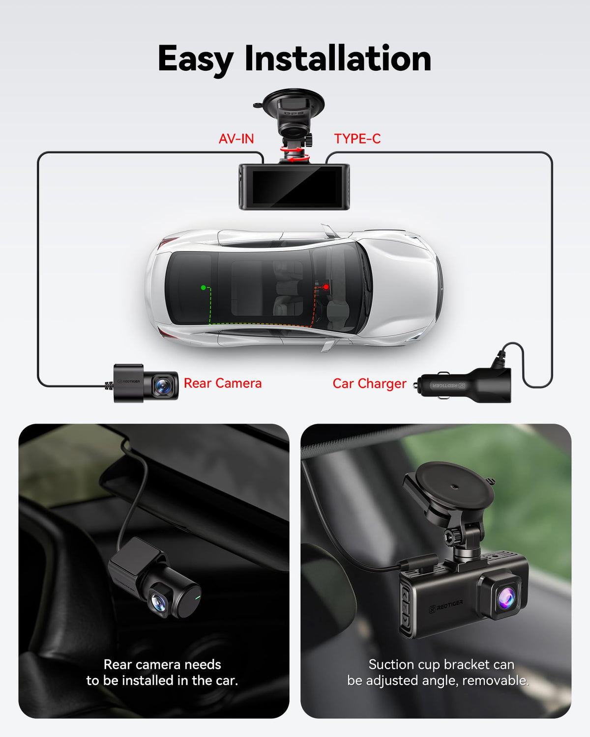 REDTIGER 4K STARVIS 2 Dashcam Front Rear, 5GHz WiFi 20MB/s, Free 128GB Card | Voice Control, Touch Screen, GPS, Loop Recording, Parking Mode, Audio Recording, WDR Night Vision, Supercapacitor(F7N Touch)