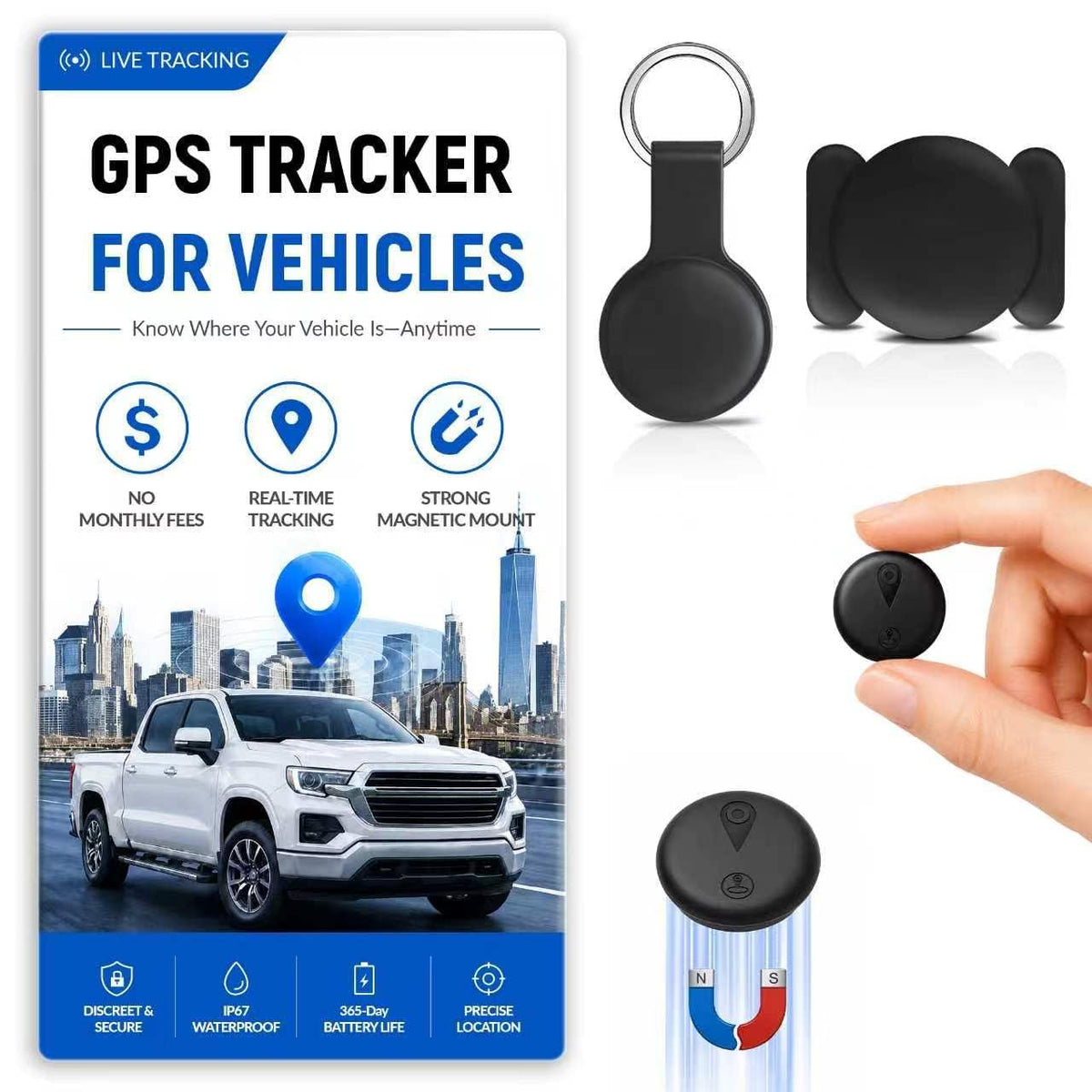 Mini GPS Car Tracker Device Hidden,Real-Time Tracking for Cars, iOS Only | No Monthly Fee or SIM Card, Magnetic, Works with Find My, IP68 Waterproof GPS Tracking Devices for Motorcycles, Bikes