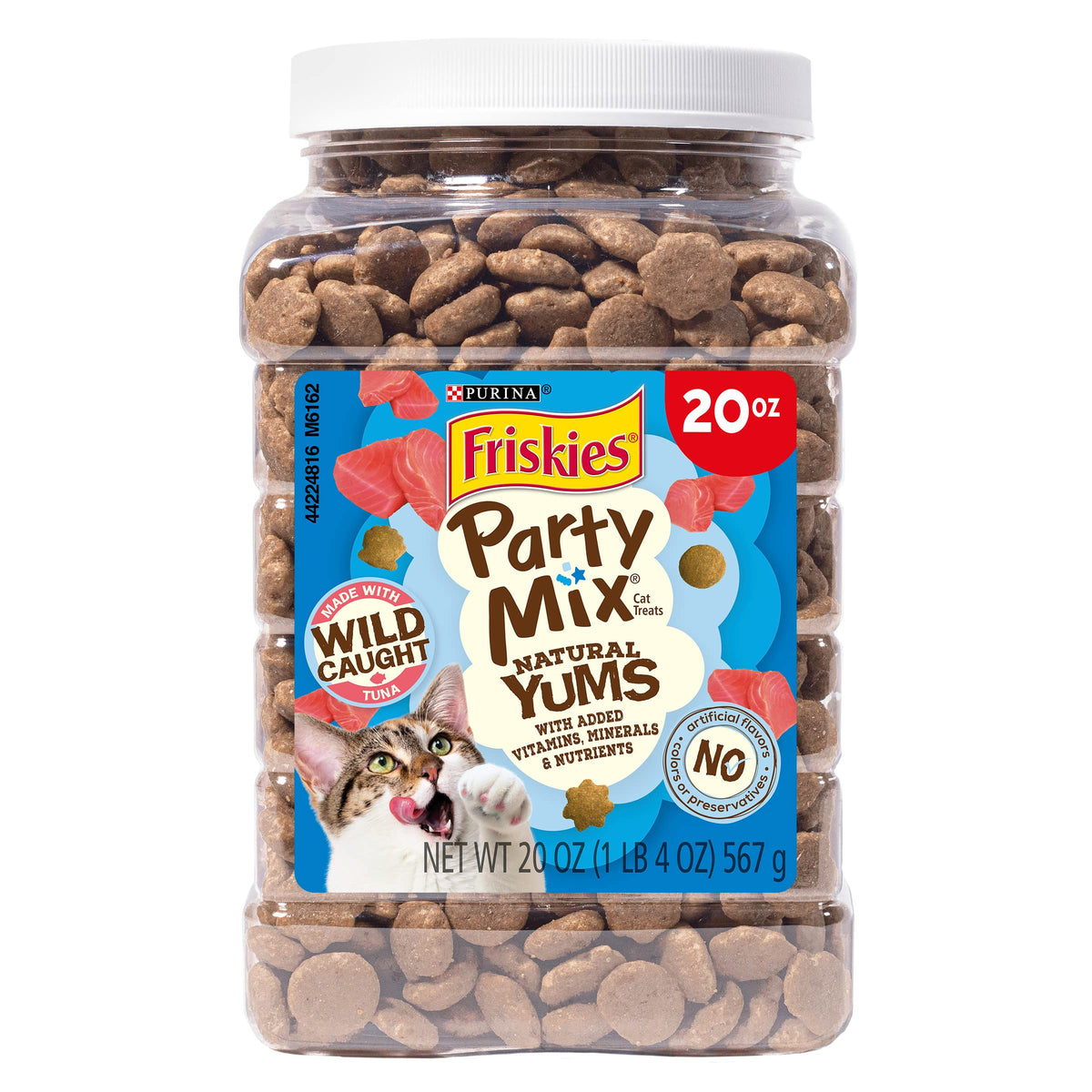 Friskies Purina Party Mix Natural YUMS Tuna Cat Treats, 20 oz Canister | Wholesome seafood-flavored treats with added vitamins and minerals, no artificial colors or preservatives