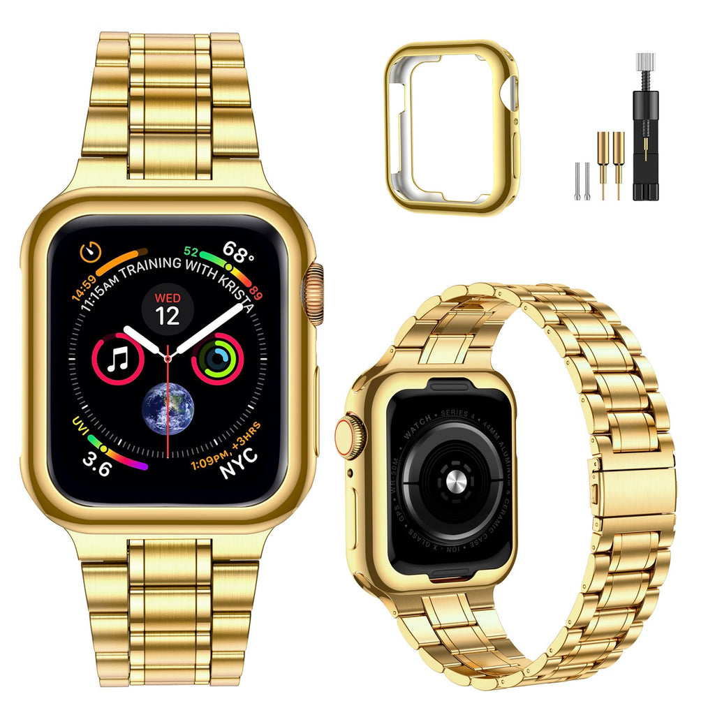 MioHHR Solid Stainless Steel Band Compatible for Apple Watch 38mm 40mm 41mm | Adjustable Metal Strap with Soft TPU Case for Women and Men, Fits iWatch Bands Series 9 8 7 6 5 4 3 2 1, SE3, SE2, SE, Gold
