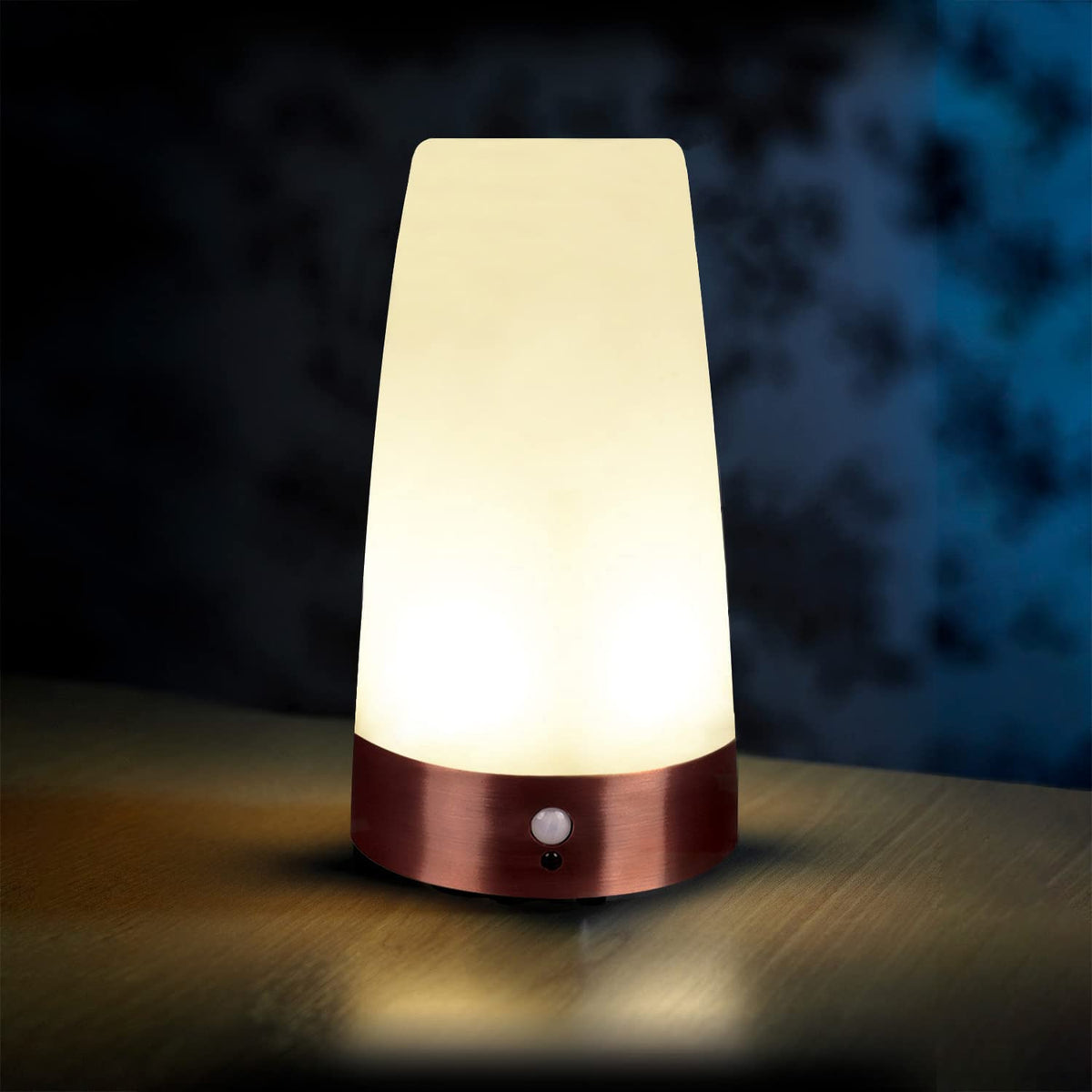 Auraglow Rechargeable Motion Sensor Table Lamp Round, LED Night Glow | USB charged wireless PIR, warm beam within 6ft, for hallway, bedside, stairs and landing, copper effect base