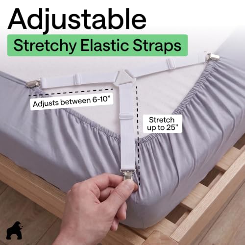 GORILLA GRIP Patented Fitted Bed Sheet Holders for Corners, 4 Pack White | Adjustable Elastic Fasteners with Straps with Metal Clips, Keeps in Place Bedding Sheets, Tight Suspenders for Mattress