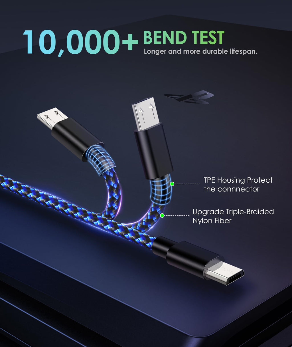 6amLifestyle 2 Pack 10ft PS4 Controller Charging Cable,Micro USB Braided Cord Compatible with PlayStation 4 DualShock 4, PS4 Slim/Pro, Xbox One S/X, Android Phones, Kindle, Black & Blue