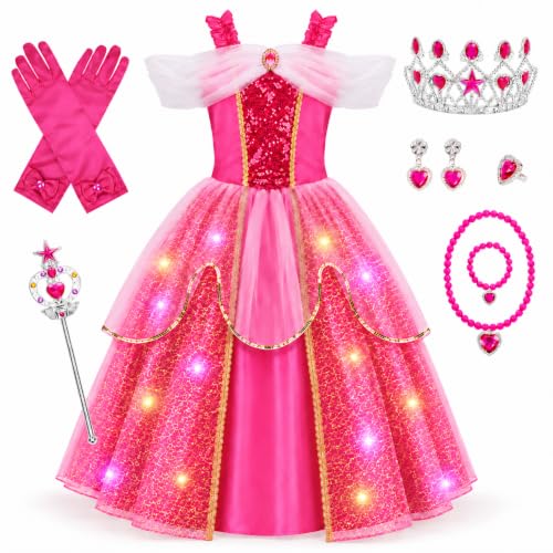 Meland Light Up Princess Dress for Girls Ages 3-10, Halloween Costume Party | Pink Light up Princess Dress for Girls with Princess Toys, Halloween Christmas Birthday Gift for Girls 3 4 5 6 7 8 9 10
