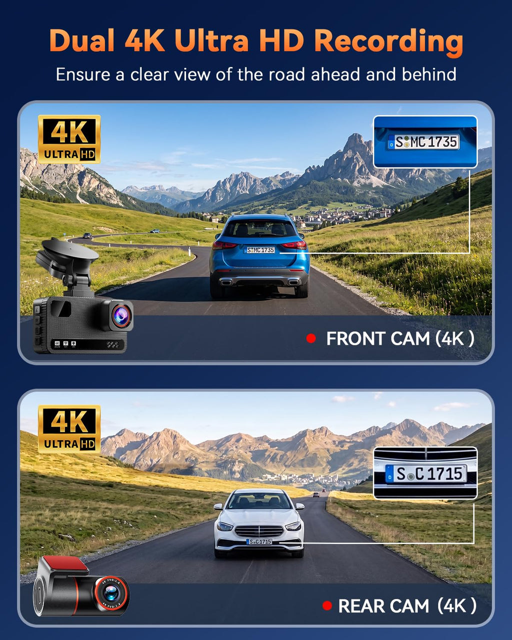 4K+4K Dual Dash Cam Front and Rear, Free 128GB Card, Starlight Night Vision | Dual-Channel Recording, 5.8GHz WiFi, 20MB/s Download Speed, GPS, 3" IPS Screen, Collision Sensor, 24H Parking Mode
