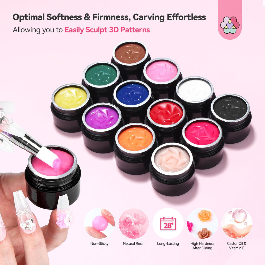 SAVILAND Non-Sticky 3D Sculpting Gel for Nail Art, 12 Colors Black White | No-Wipe, For Hand Carving 3D Art Design, Plant-Based Formula, Soak-Off, With Dual-End Sculpture Pen, Home and Salon Use