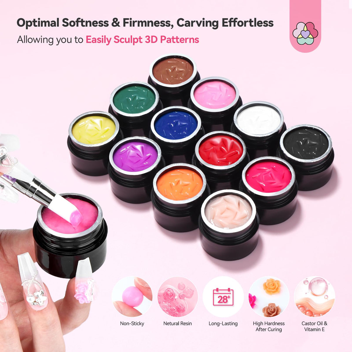 SAVILAND Non-Sticky 3D Sculpting Gel for Nail Art, 12 Colors Black White | No-Wipe, For Hand Carving 3D Art Design, Plant-Based Formula, Soak-Off, With Dual-End Sculpture Pen, Home and Salon Use