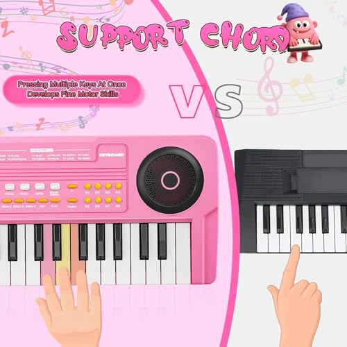 Upgraded 37 Keys Kids Piano Keyboard with Mic for 3 4 5 6 Boys Girls - Pink | Portable Toddler Music Toys Musical Instrument Birthday Xmas Gift